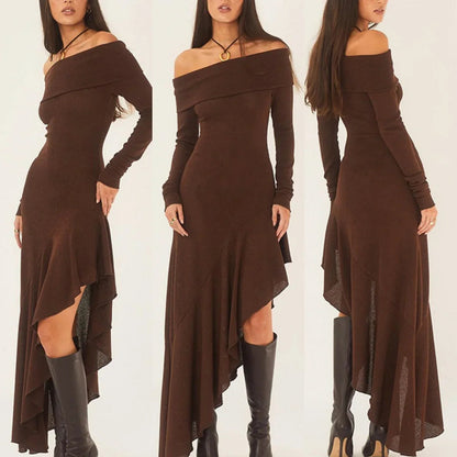 🔥Limited time offer, last day 52% off🔥Temperament Off Shoulder Long Sleeve Irregular Hem Stretch Maxi Dress