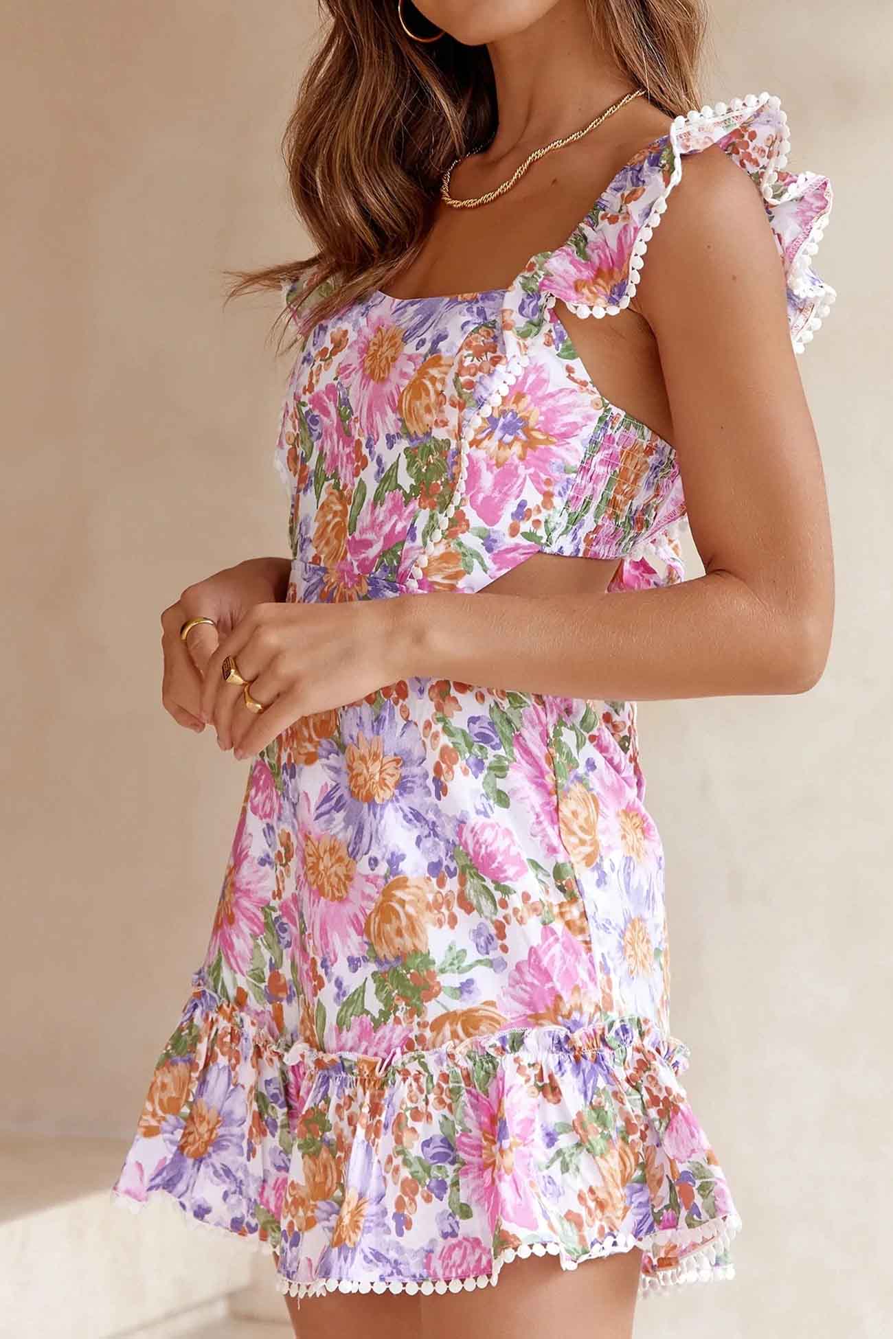 loveedsTM-Floral Ruffle Back Tie Mini Dress