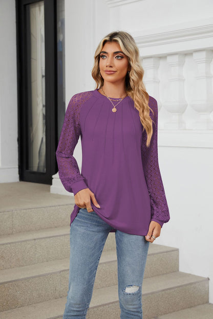 🔥LAST DAY 53% OFF🔥🔥Women Lace Patchwork Crew Neck Long Sleeve Loose T-shirt top