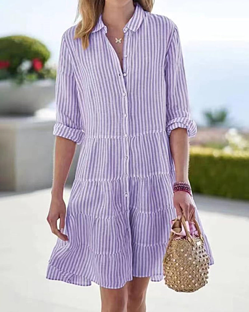 🔥Huge Sale 51% OFF💖Long Sleeve Lapel Stripe Layered Panel Hem Shirt Dress