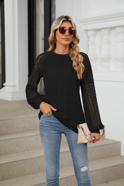 🔥LAST DAY 53% OFF🔥🔥Women Lace Patchwork Crew Neck Long Sleeve Loose T-shirt top