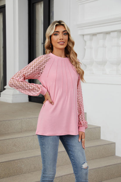 🔥LAST DAY 53% OFF🔥🔥Women Lace Patchwork Crew Neck Long Sleeve Loose T-shirt top