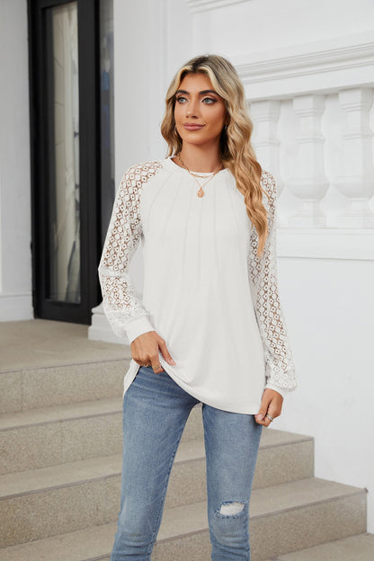 🔥LAST DAY 53% OFF🔥🔥Women Lace Patchwork Crew Neck Long Sleeve Loose T-shirt top