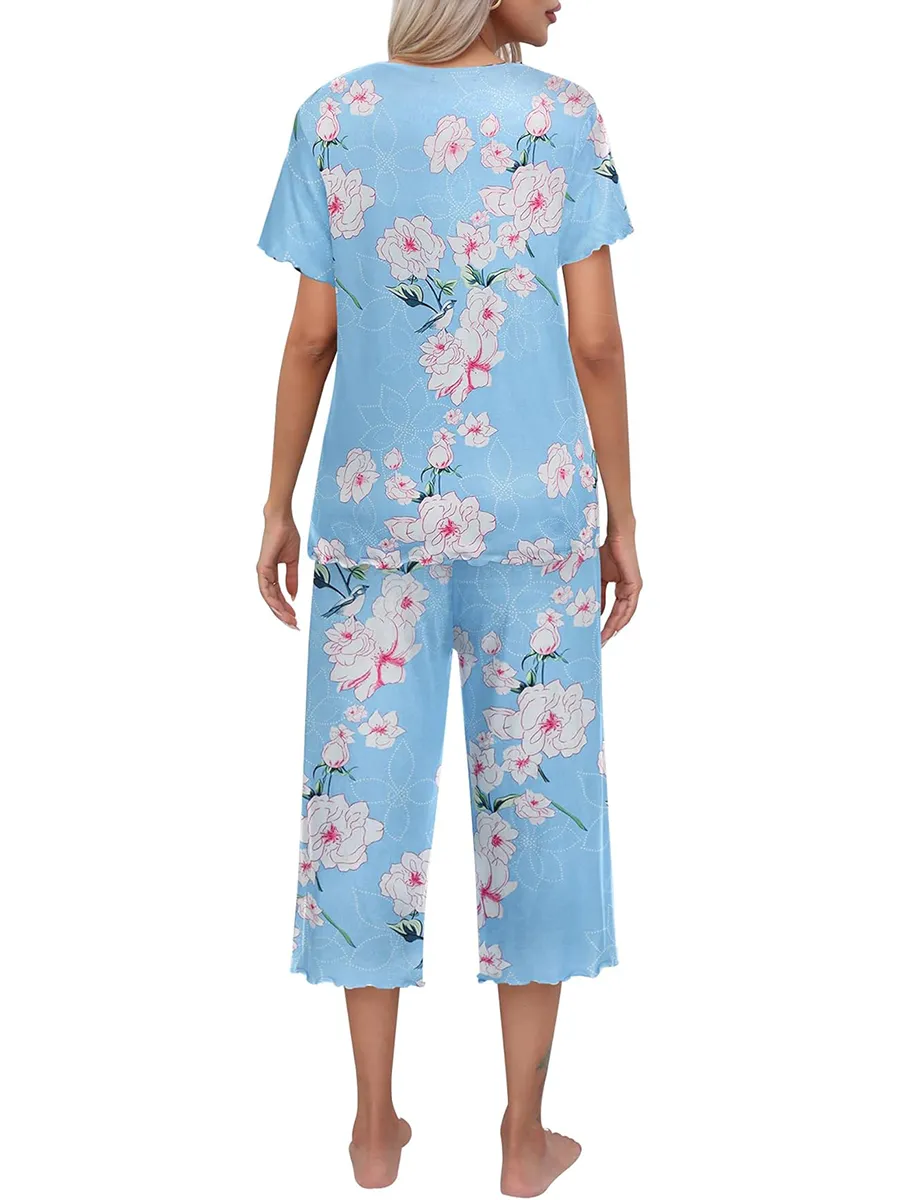 💖🔥Limited time offer, last day 57% off🌺Women's printed short-sleeved top with cropped pants casual pajama set