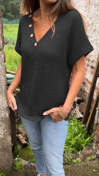 👕Huge Sale 55% OFF💖 Waffle Grid Summer Short Sleeve V-Neck T-Shirt