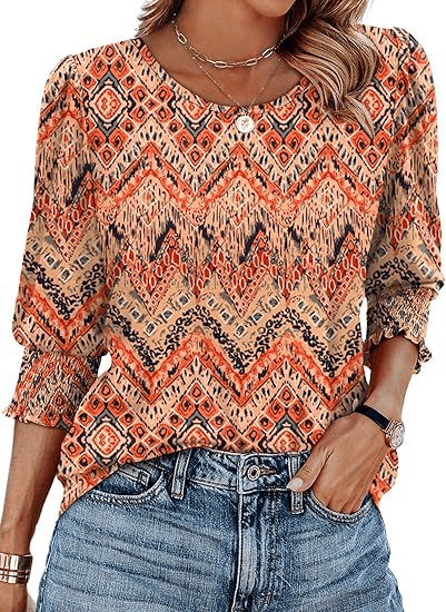 🌸Hot Sale-Women Dressy Casual 3/4 Length Sleeve Blouses with Smocked Cuffs