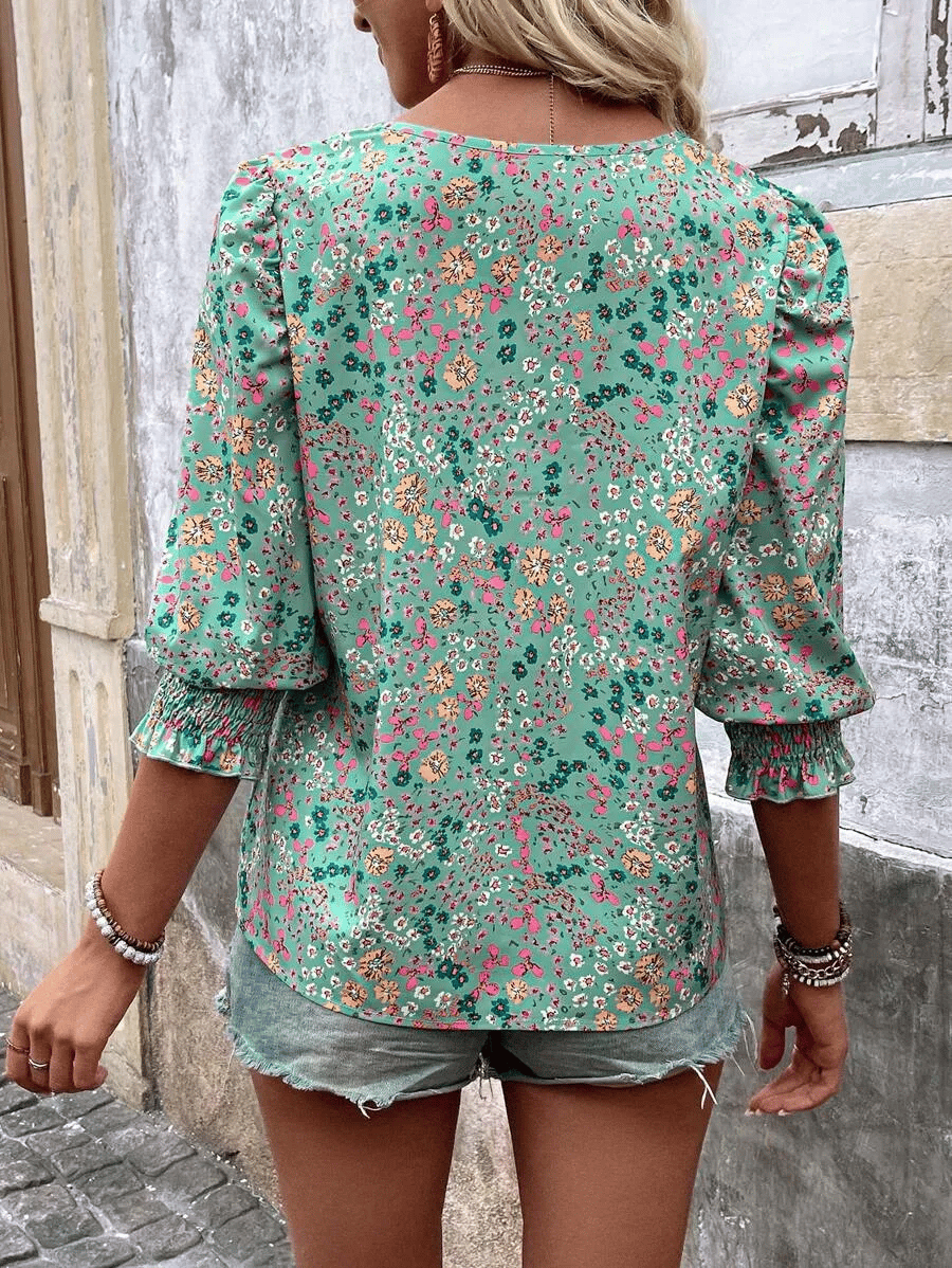 🌸Hot Sale-Women Dressy Casual 3/4 Length Sleeve Blouses with Smocked Cuffs