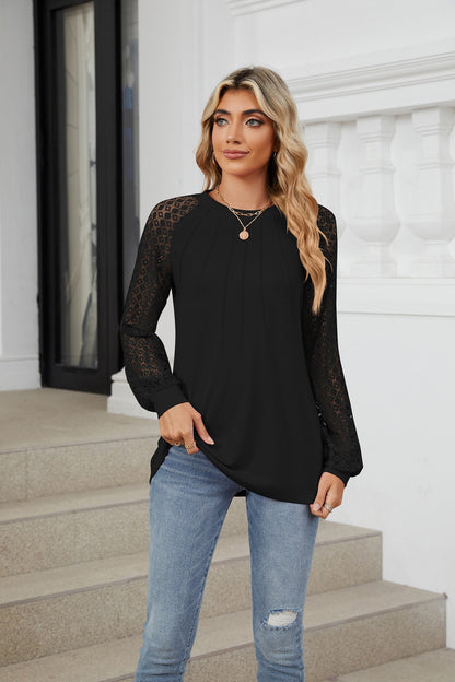 🔥LAST DAY 53% OFF🔥🔥Women Lace Patchwork Crew Neck Long Sleeve Loose T-shirt top