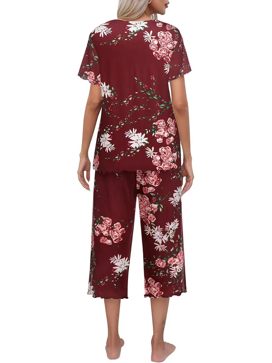 💖🔥Limited time offer, last day 57% off🌺Women's printed short-sleeved top with cropped pants casual pajama set