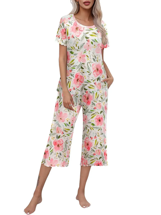 💖🔥Limited time offer, last day 57% off🌺Women's printed short-sleeved top with cropped pants casual pajama set