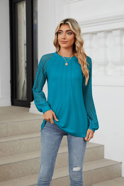 🔥LAST DAY 53% OFF🔥🔥Women Lace Patchwork Crew Neck Long Sleeve Loose T-shirt top