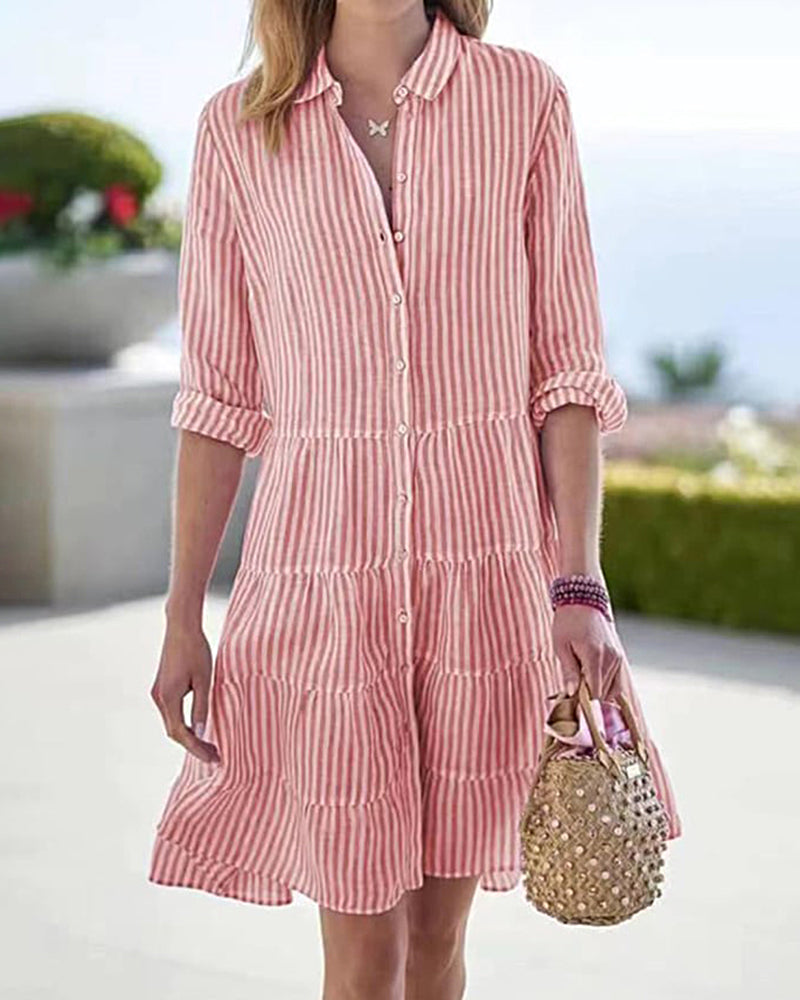 🔥Huge Sale 51% OFF💖Long Sleeve Lapel Stripe Layered Panel Hem Shirt Dress