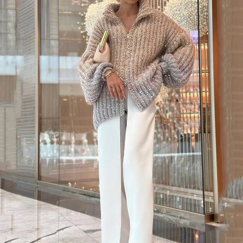 Knitted sweater jacket with plain sequins