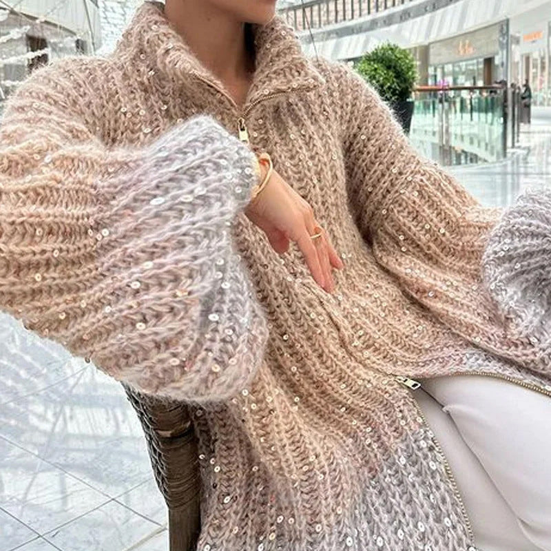 Knitted sweater jacket with plain sequins