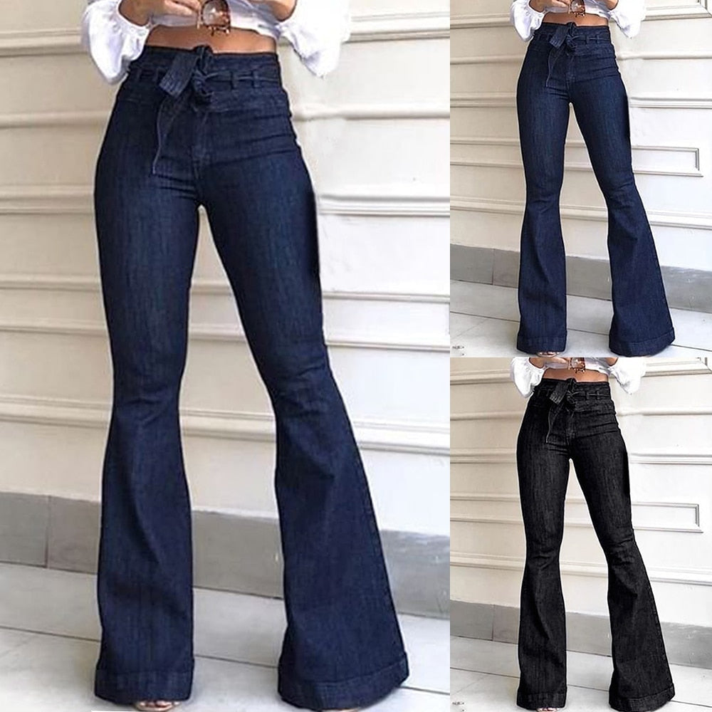 Women High Waist Bandage Wide Leg Denim Jeans