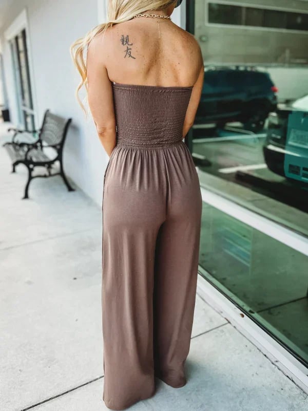 Shop Now - 50% Off! 🔥 Off Shoulder Solid Color Smocked Jumpsuit