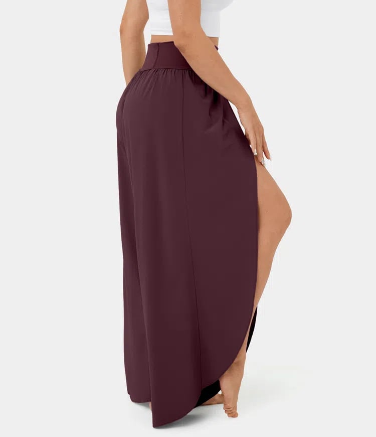 High Waist Back Pocket Flowy Slit Wide Leg Quick Dry Casual Pants