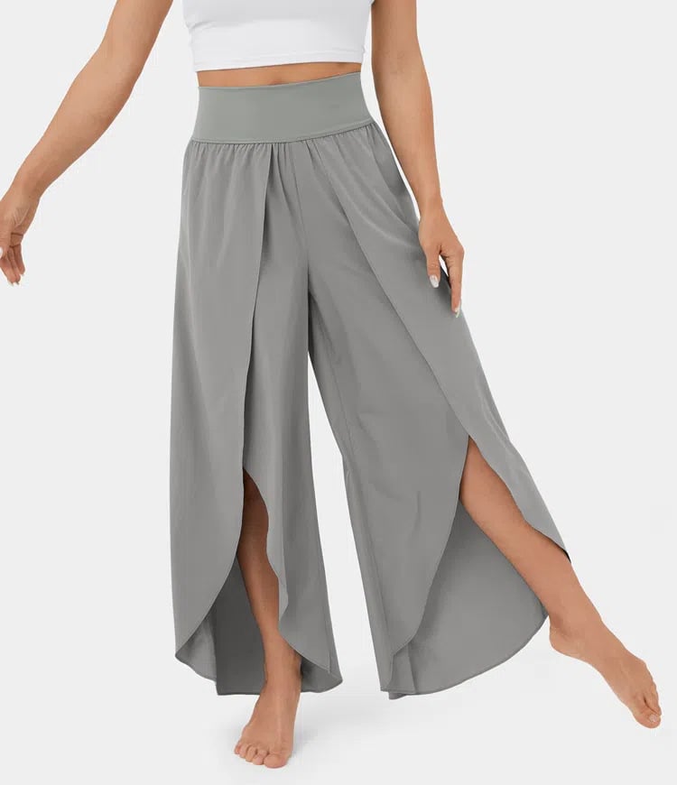 High Waist Back Pocket Flowy Slit Wide Leg Quick Dry Casual Pants