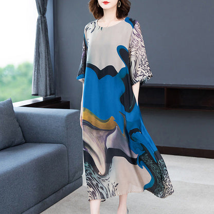 Retro literary summer print temperament is thin and irregular Tencel midi skirt