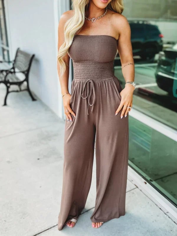 Shop Now - 50% Off! 🔥 Off Shoulder Solid Color Smocked Jumpsuit