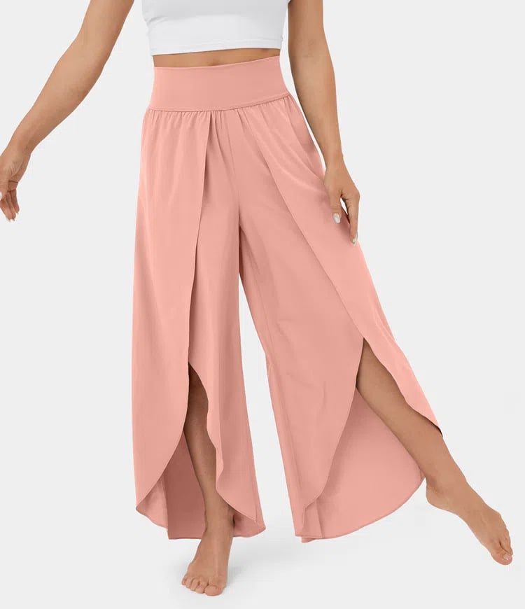 High Waist Back Pocket Flowy Slit Wide Leg Quick Dry Casual Pants