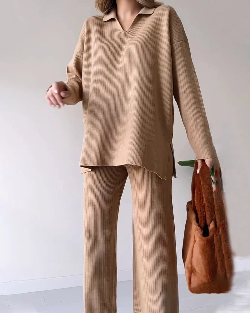 V-neck casual slit knitted two-piece set