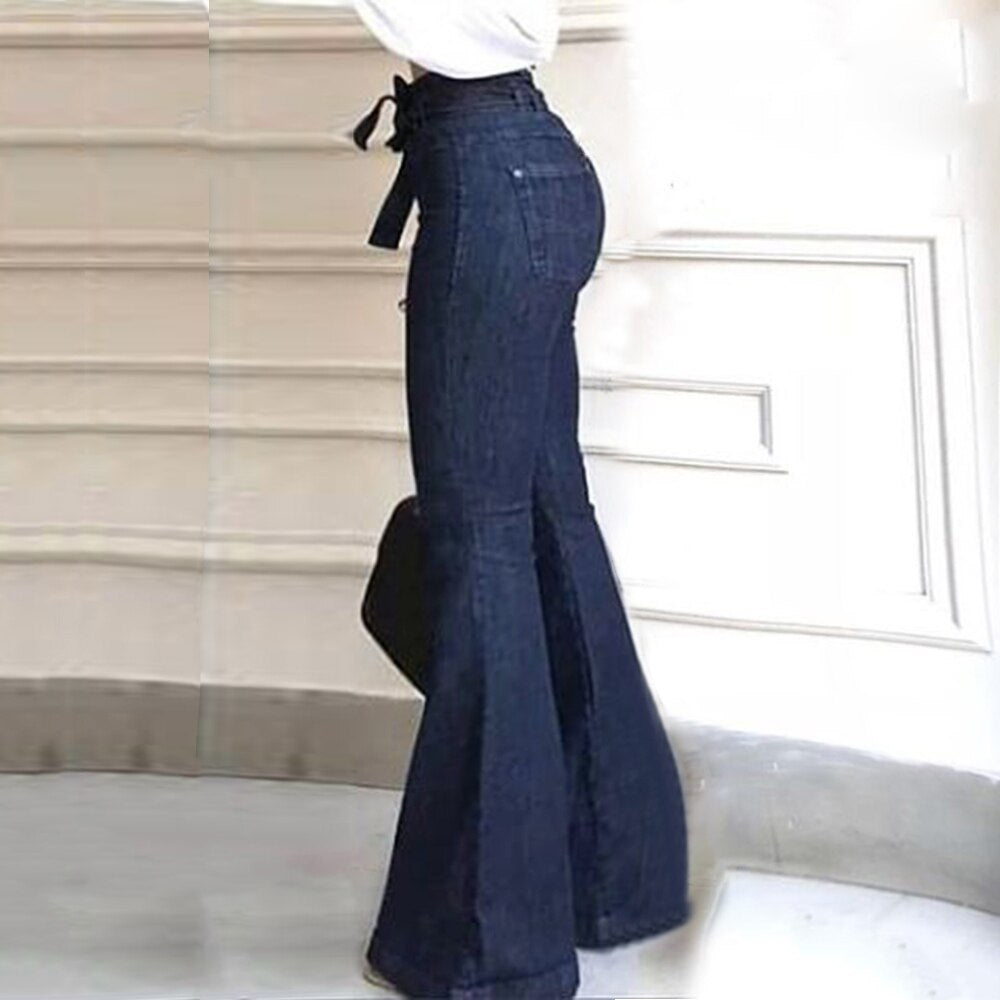 Women High Waist Bandage Wide Leg Denim Jeans